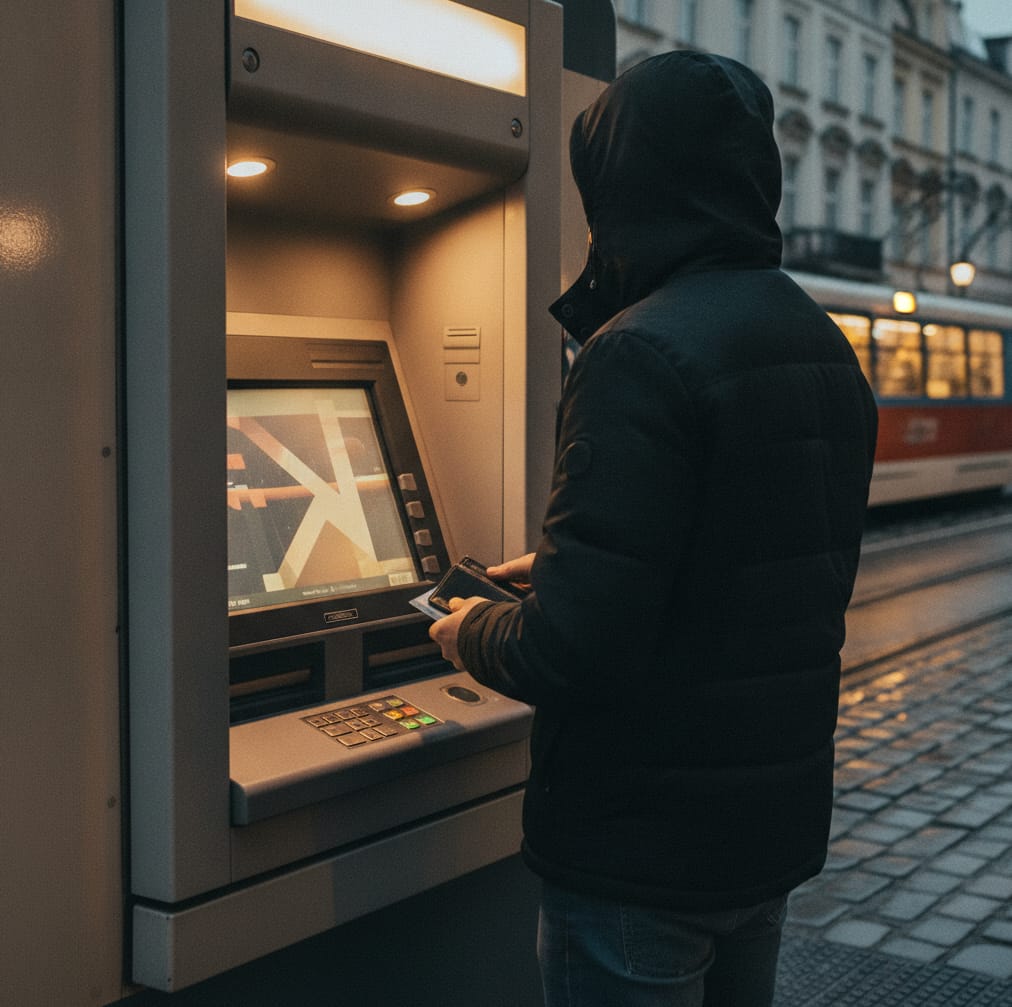 Osoba widziana od tyłu, korzystająca z bankomatu na ulicy miasta